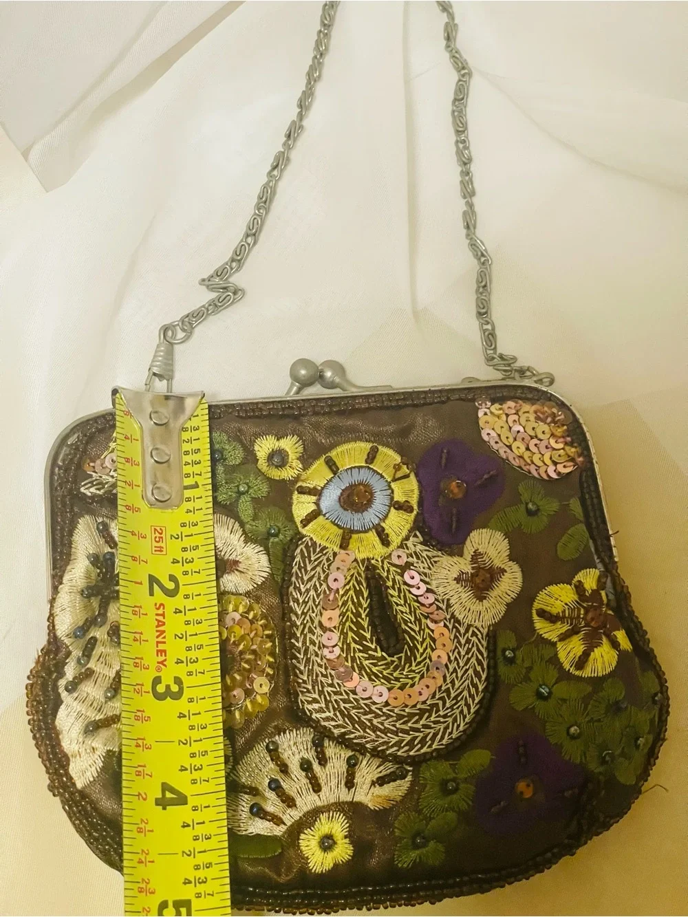 Embroidered Floral Evening Bag in Brown with Multicolor Accents